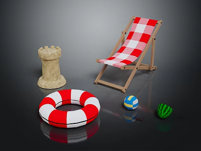 Red and White Checkered Wooden Lounge Chair Summer Beach With Sandcastle Life Ring And Ball 3d model