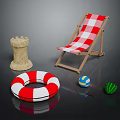 Red and White Checkered Wooden Lounge Chair Summer Beach With Sandcastle Life Ring And Ball