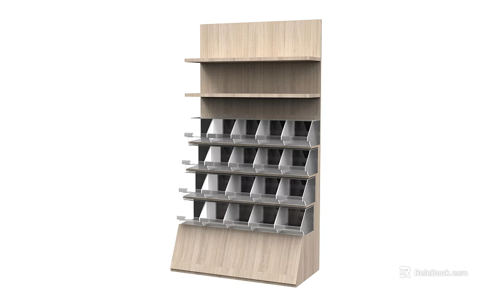 Wooden Display Shelf With Multiple Tiers And Tilted Compartments For Retail 3d model 
