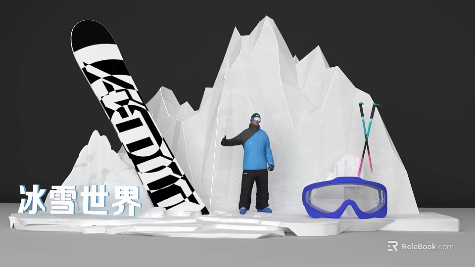 Snow Mountain Themed Photo Spot With Snowboard Ski Poles Goggles And Blue Jacket Figure 3d model 