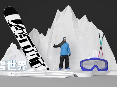 Snow Mountain Themed Photo Spot With Snowboard Ski Poles Goggles And Blue Jacket Figure 3d model