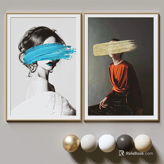 Abstract Female Portrait Paintings With Blue Gold Brush Strokes And Framed Wall Art 3d model 