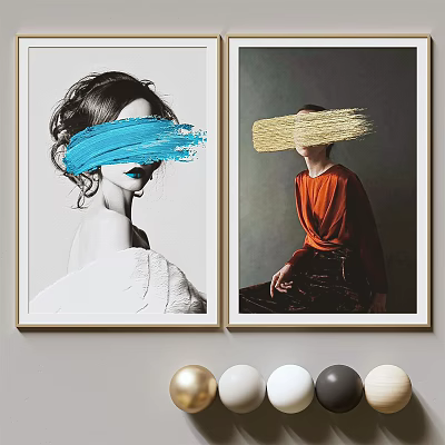 Abstract Female Portrait Paintings With Blue Gold Brush Strokes And Framed Wall Art 3d model