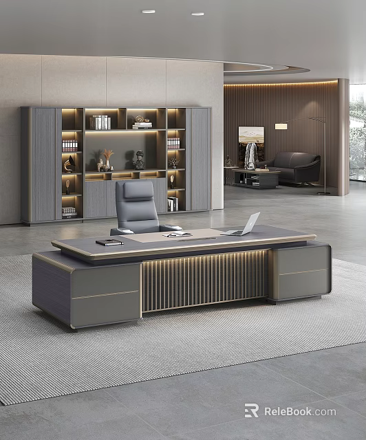 Elegant Modern Office Desk Interior Design With Laptop Drawers And Bookshelf Decorations 3d model 