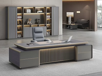 Elegant Modern Office Desk Interior Design With Laptop Drawers And Bookshelf Decorations 3d model