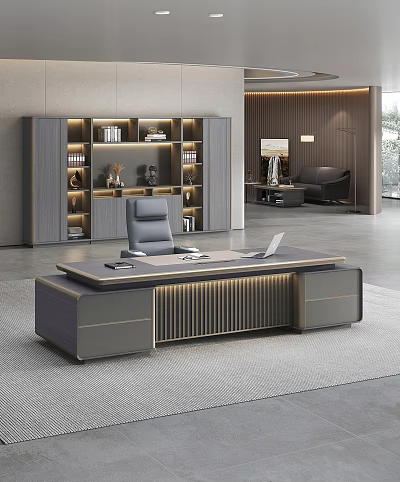 Elegant Modern Office Desk Interior Design With Laptop Drawers And Bookshelf Decorations 3d model