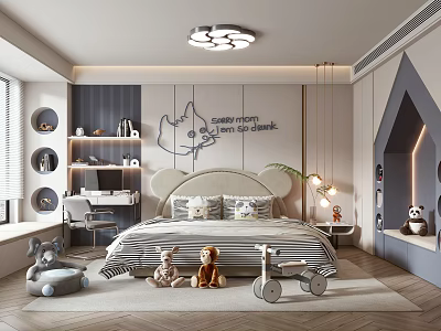 Kids Room Interior Design With Cartoon Bed Toys Bookshelf Ceiling Light And Wall Decor 3d model