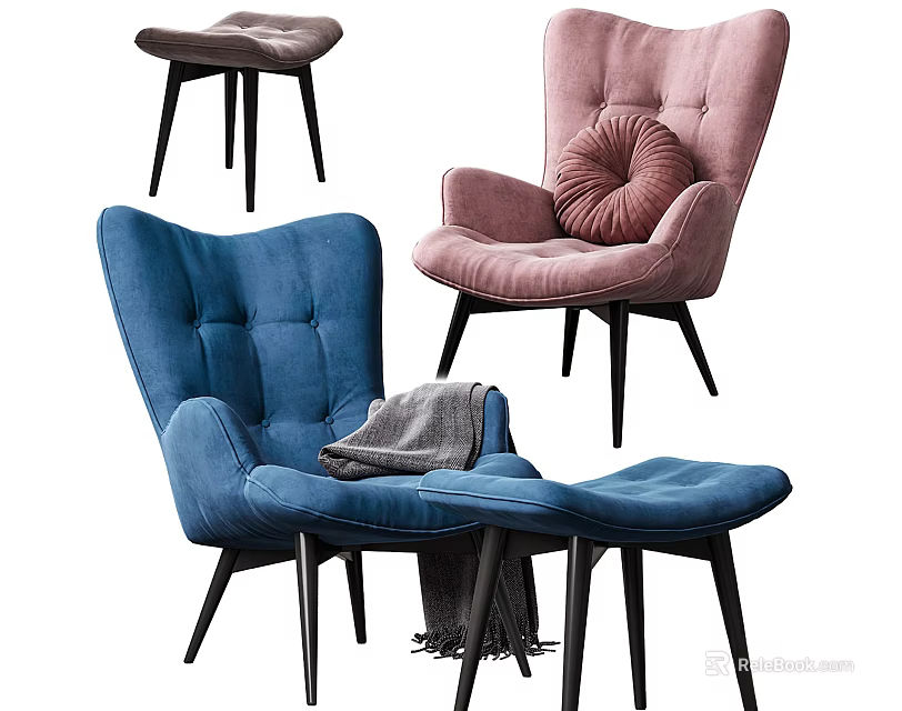 Stylish Accent Lounge Chairs Blue Pink Brown Upholstered With Armrests Cushions Ottoman 3d model 