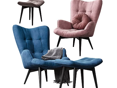 Stylish Accent Lounge Chairs Blue Pink Brown Upholstered With Armrests Cushions Ottoman 3d model