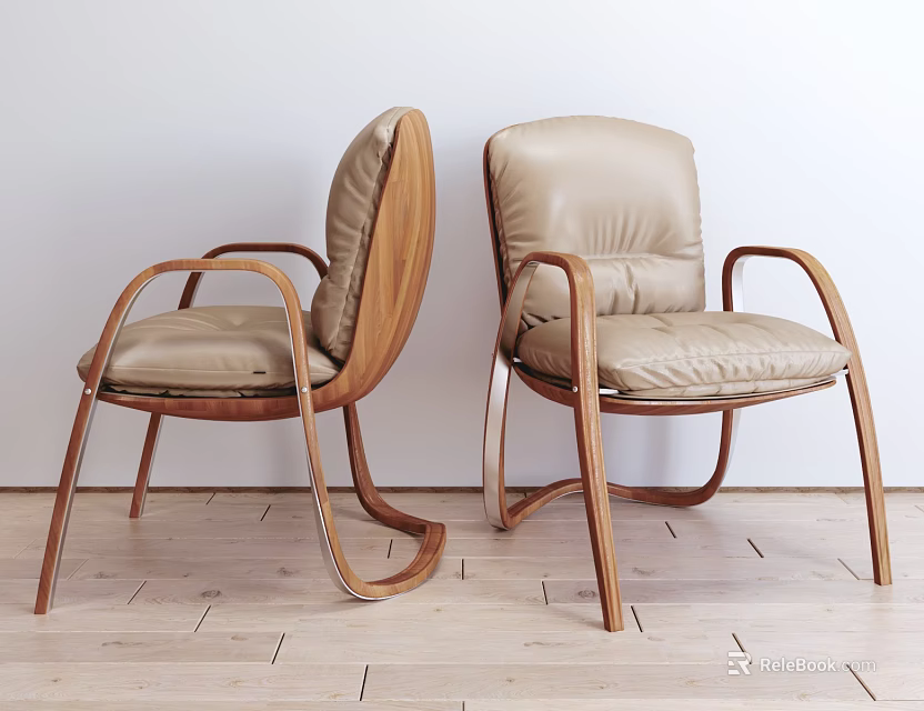 Two Modern Armchairs With Wooden Frame And Beige Leather Upholstery On Light Wood Floor 3d model 