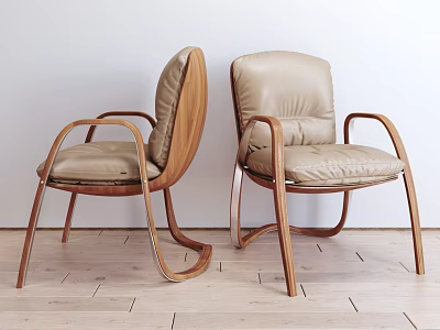 Two Modern Armchairs With Wooden Frame And Beige Leather Upholstery On Light Wood Floor 3d model