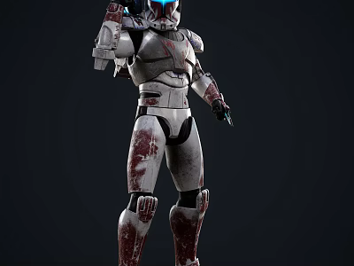 Sci Fi Game Movie Character In Red White Armor With Blue Eye And Shoulder Cannon 3d model