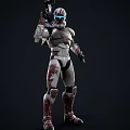 Sci Fi Game Movie Character In Red White Armor With Blue Eye And Shoulder Cannon