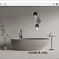 White Freestanding Bathtub With Small Potted Plant Three Black Circular Pendant Lights Above And Gray Rug