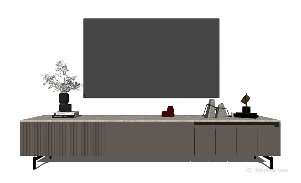 Modern TV Stand Design With Large Screen TV Vase Books Red Decor And Frames 3d model 