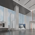 Modern Front Desk Reception Area With Sleek Counter And City View Windows 3d model