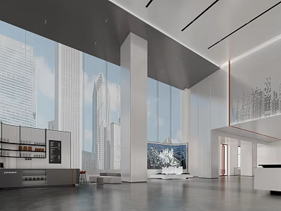 Modern Front Desk Reception Area With Sleek Counter And City View Windows 3d model