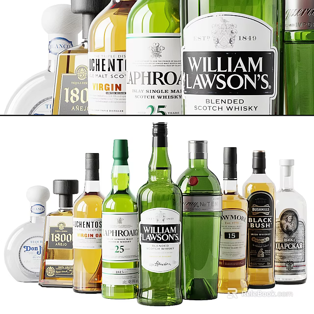 Assorted Whisky Bottles And Glasses Display With Various Brands And Designs 3d model 