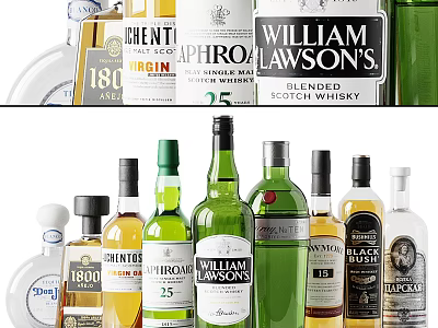 Assorted Whisky Bottles And Glasses Display With Various Brands And Designs 3d model