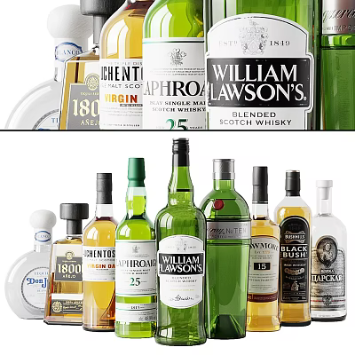Assorted Whisky Bottles And Glasses Display With Various Brands And Designs 3d model
