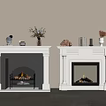 Two White Fireplaces With Burning Flames And Decorative Items On Mantels