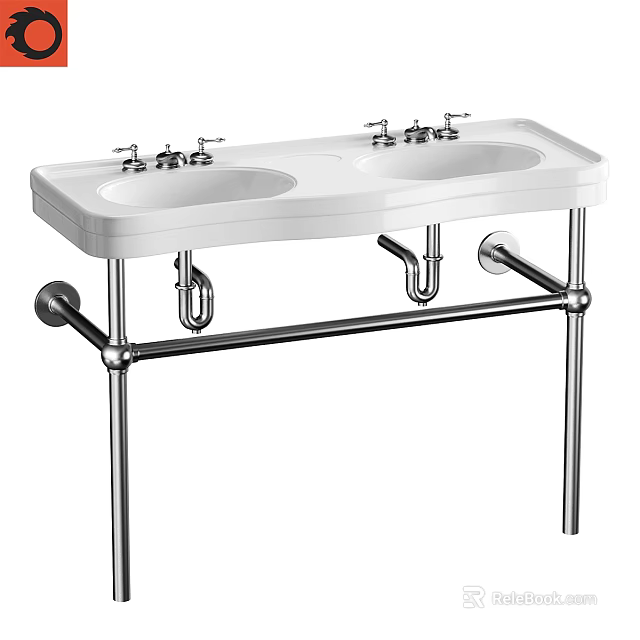 Double Sink Ceramic Washbasin With Modern Chrome Faucets And Metal Support Stand 3d model 