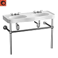 Double Sink Ceramic Washbasin With Modern Chrome Faucets And Metal Support Stand