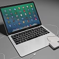 Sleek Portable Laptop With Screen Showing App Icons And Connected Power Cable