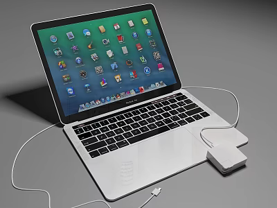 Sleek Portable Laptop With Screen Showing App Icons And Connected Power Cable 3d model
