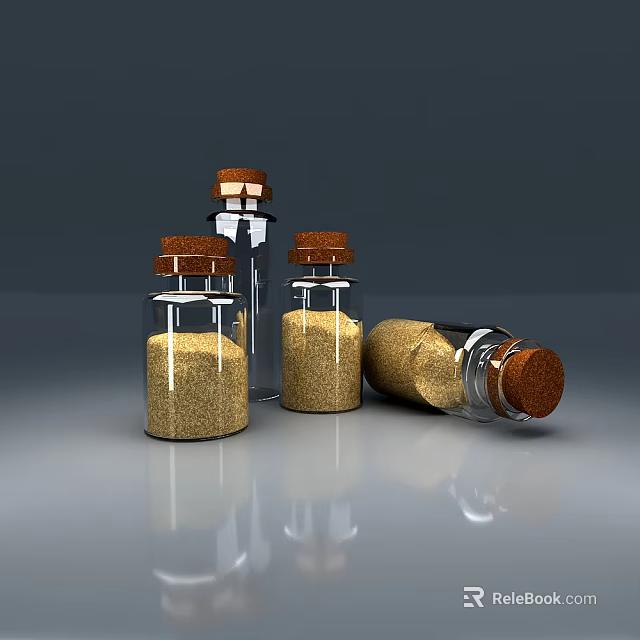 Ceramic Containers with Cork Stoppers Holding Yellow Grains Standing and Tilted on Gray Background 3d model 