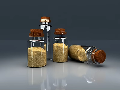 Ceramic Containers with Cork Stoppers Holding Yellow Grains Standing and Tilted on Gray Background 3d model