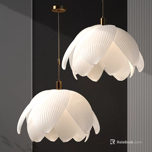 White Petal Shaped Pendant Lights With Golden Metal Rods In Modern Dark Wall Interior 3d model 