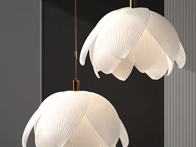 White Petal Shaped Pendant Lights With Golden Metal Rods In Modern Dark Wall Interior 3d model