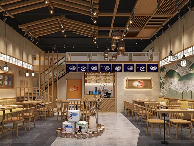 Japanese Style Restaurant Interior Featuring Wooden Ceiling Lanterns Dining Tables Chairs And Cherry Blossom Mural 3d model