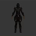 A Woman In Red And Black Full Body Hooded Armor Standing In Gray Background