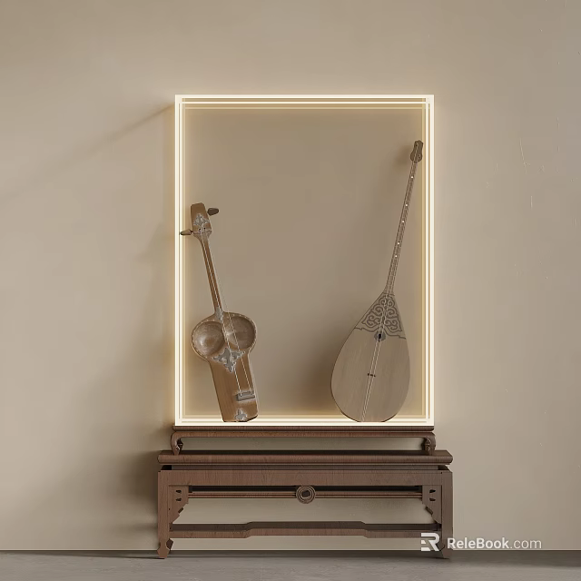 Traditional Musical Instrument Ornament Set With Lighted Frame On Wooden Stand 3d model 