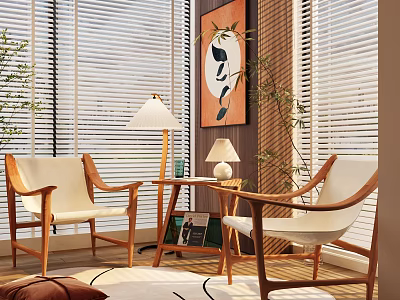 Stylish Wooden Chair And Coffee Table Set In Modern Living Room With Lamps And Artwork 3d model