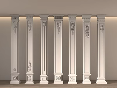 White Columns With Carved Decorations Arranged Along Wall With Ceiling Lights Above 3d model