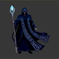 Hooded Man In Blue Robe Holding Glowing Staff With Intricate Patterns