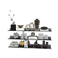 Stylish Decorative Ornament Combination On Multi Tiered Shelves With Geometric Abstract Marble Metallic Pieces