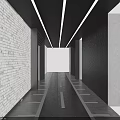 Modern Reception Desk Design With Blue Columns Striped Floor And Linear Ceiling Lighting