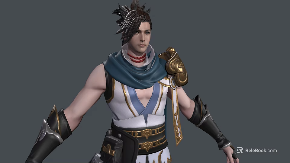 Man In Sleeveless Top With Blue Scarf Golden Shoulder Armor And Black Wrist Guards 3d model 