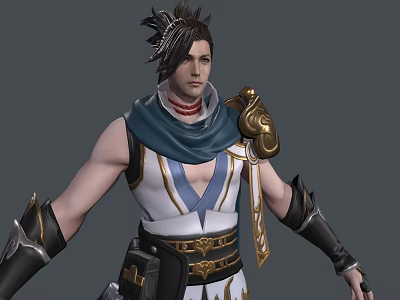 Man In Sleeveless Top With Blue Scarf Golden Shoulder Armor And Black Wrist Guards 3d model