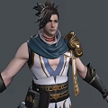 Man In Sleeveless Top With Blue Scarf Golden Shoulder Armor And Black Wrist Guards