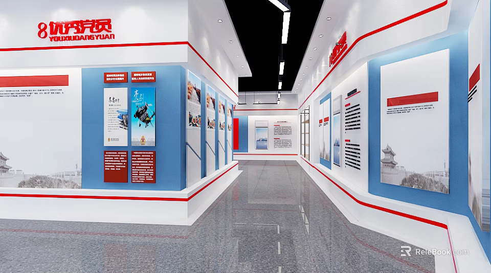 Modern Exhibition Hall Interior Design With Blue Red Display Panels Wall Graphics And Gray Floor 3d model 