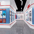 Modern Exhibition Hall Interior Design With Blue Red Display Panels Wall Graphics And Gray Floor