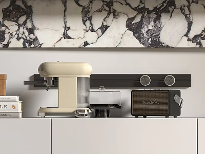 Modern Kitchen Appliances Setup With Cream Coffee Machine Black Radio And Marble Backsplash 3d model