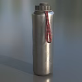 Silver Stainless Steel Water Bottle With Red Strap Handle And Metallic Finish