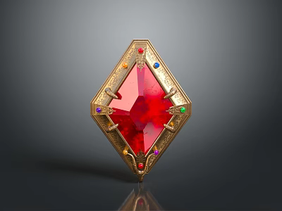 Ornate Red Rhombus Gemstone With Golden Frame And Colorful Small Gemstones 3d model
