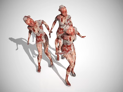 Three Game Movie Zombie Characters With Bloodstained Tattered Skin Walking Running 3d model